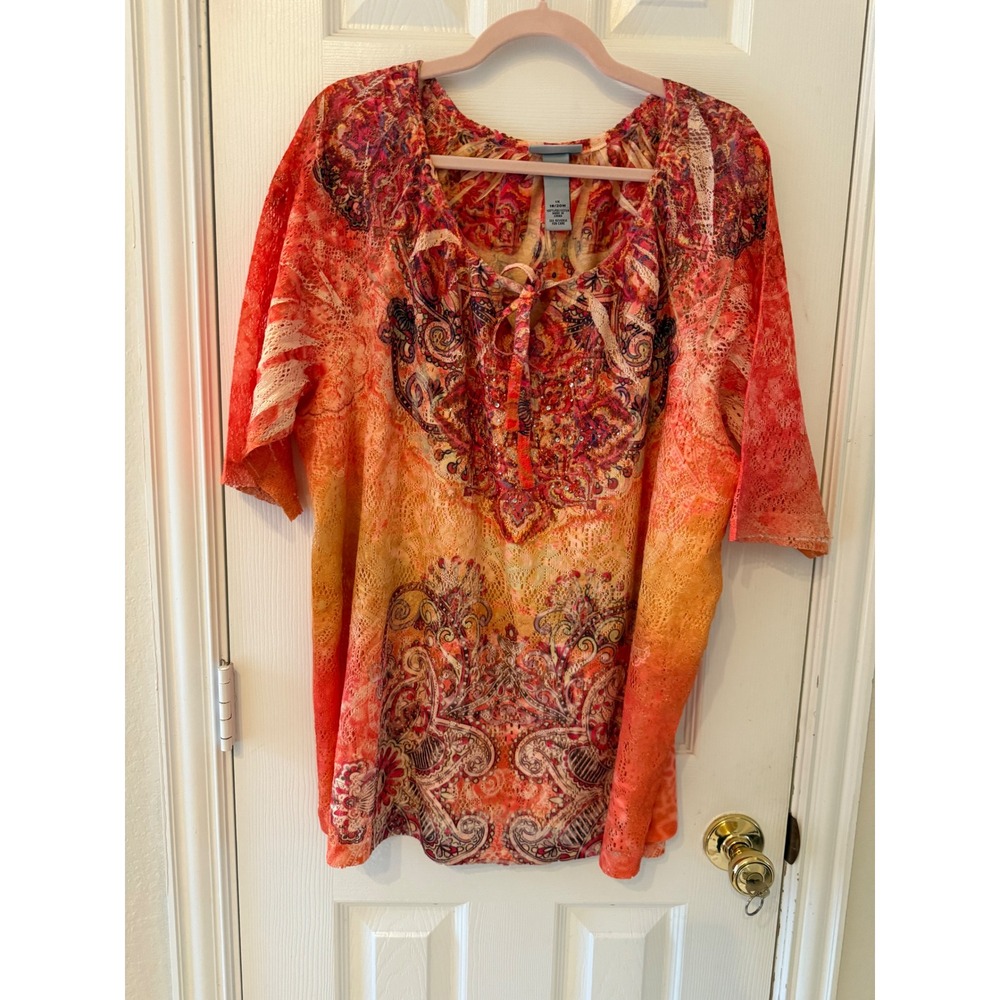 Catherines 1X Boho Paisley Embellished Top Orange Ombre Burnout Lace 18/20W